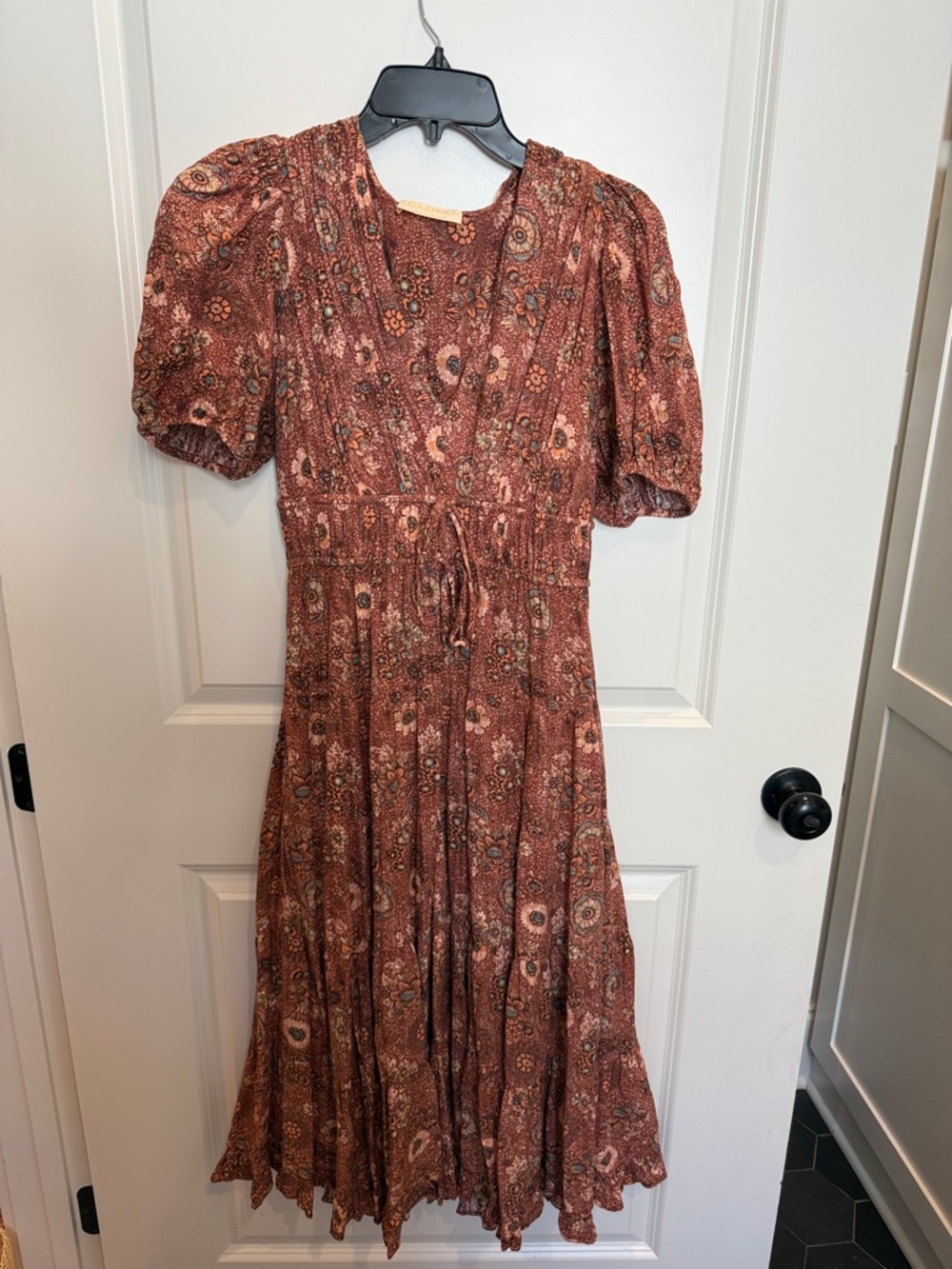 Lula Johnson Rust Floral Midi Dress with Puff Sleeves